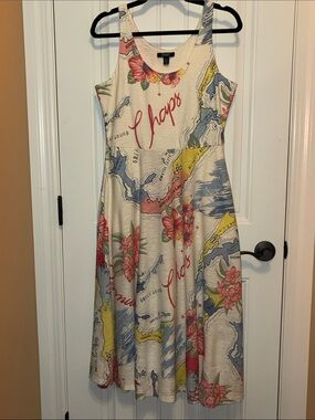 Chaps  M  Cream Midi Dress with Pink Floral & Blue Map Accents